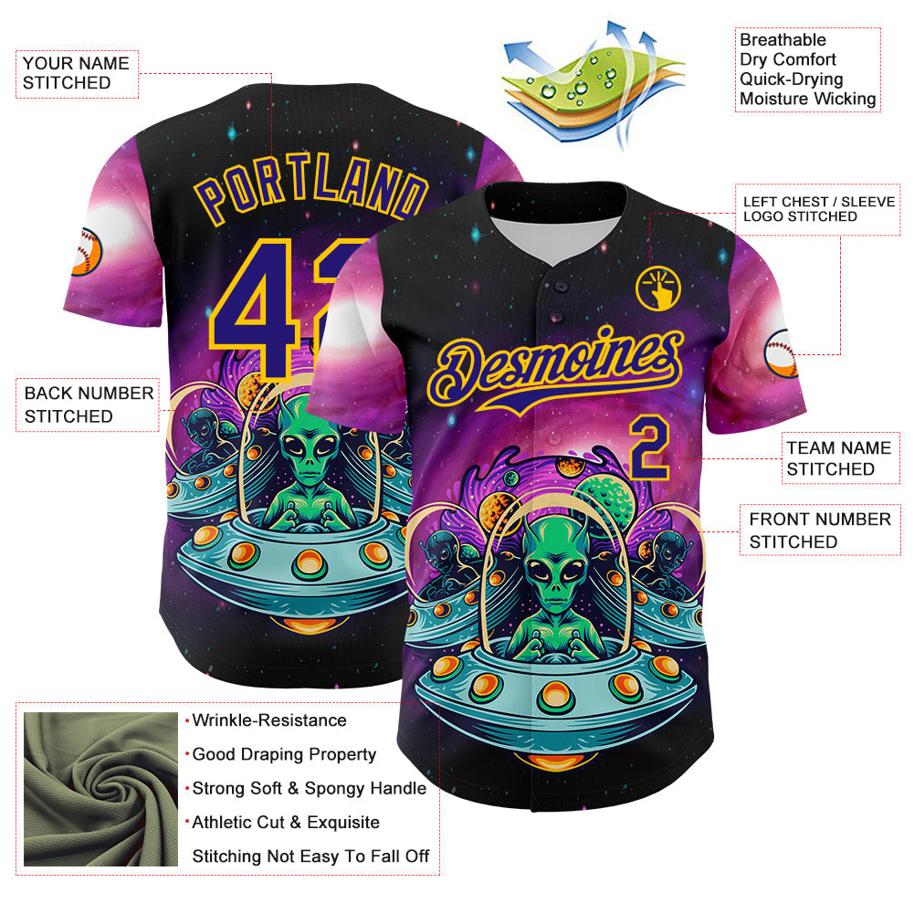 Custom Black Dark Purple-Yellow Alien UFO Space Galaxy Authentic Baseball Jersey baseball jersey product view 3