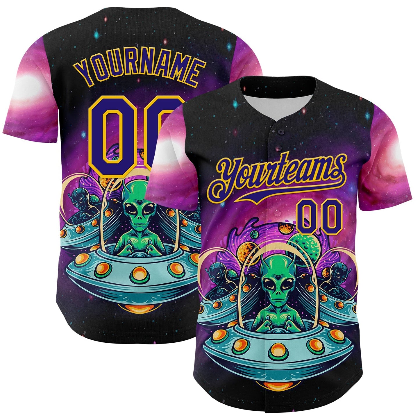 Custom Black Dark Purple-Yellow Alien UFO Space Galaxy Authentic Baseball Jersey baseball jersey product view 1