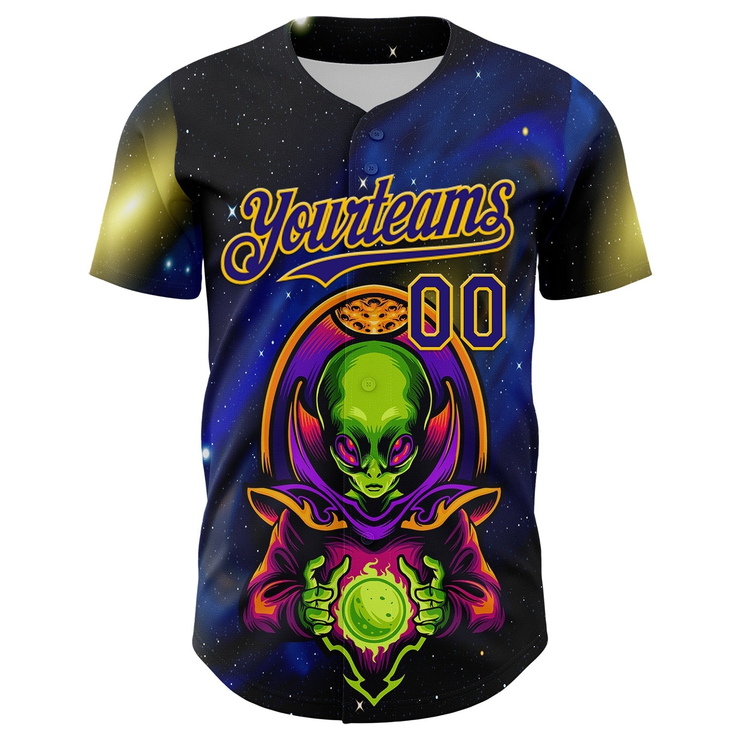 Custom Navy Dark Purple-Yellow Alien UFO Space Galaxy Authentic Baseball Jersey baseball jersey product view 2