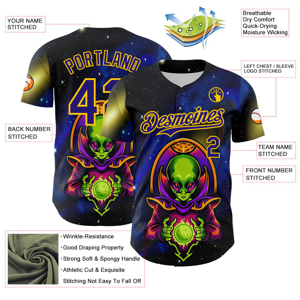 Custom Navy Dark Purple-Yellow Alien UFO Space Galaxy Authentic Baseball Jersey baseball jersey product view 3