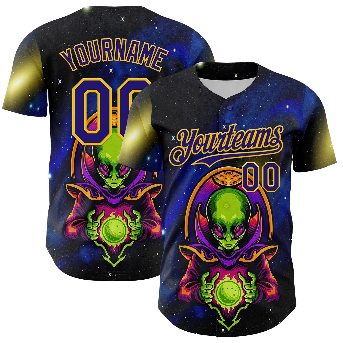 Custom Navy Dark Purple-Yellow Alien UFO Space Galaxy Authentic Baseball Jersey baseball jersey product view 1