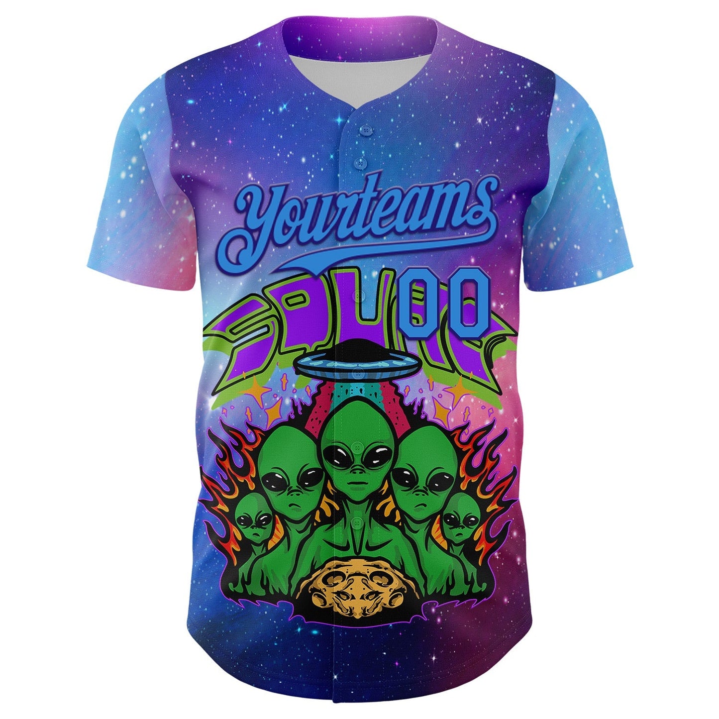 Custom Purple Electric Blue-Dark Purple Alien Family UFO Space Galaxy Flame Authentic Baseball Jersey baseball jersey product view 2