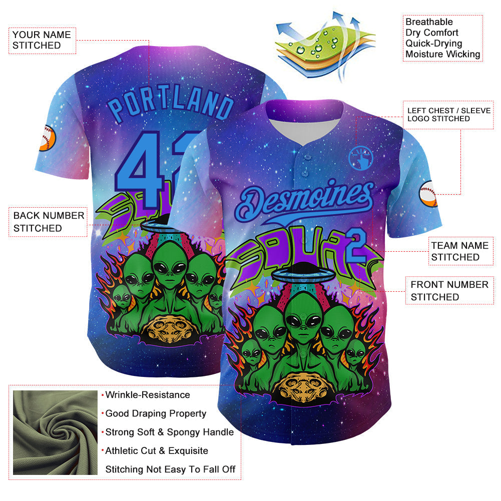 Custom Purple Electric Blue-Dark Purple Alien Family UFO Space Galaxy Flame Authentic Baseball Jersey baseball jersey product view 3