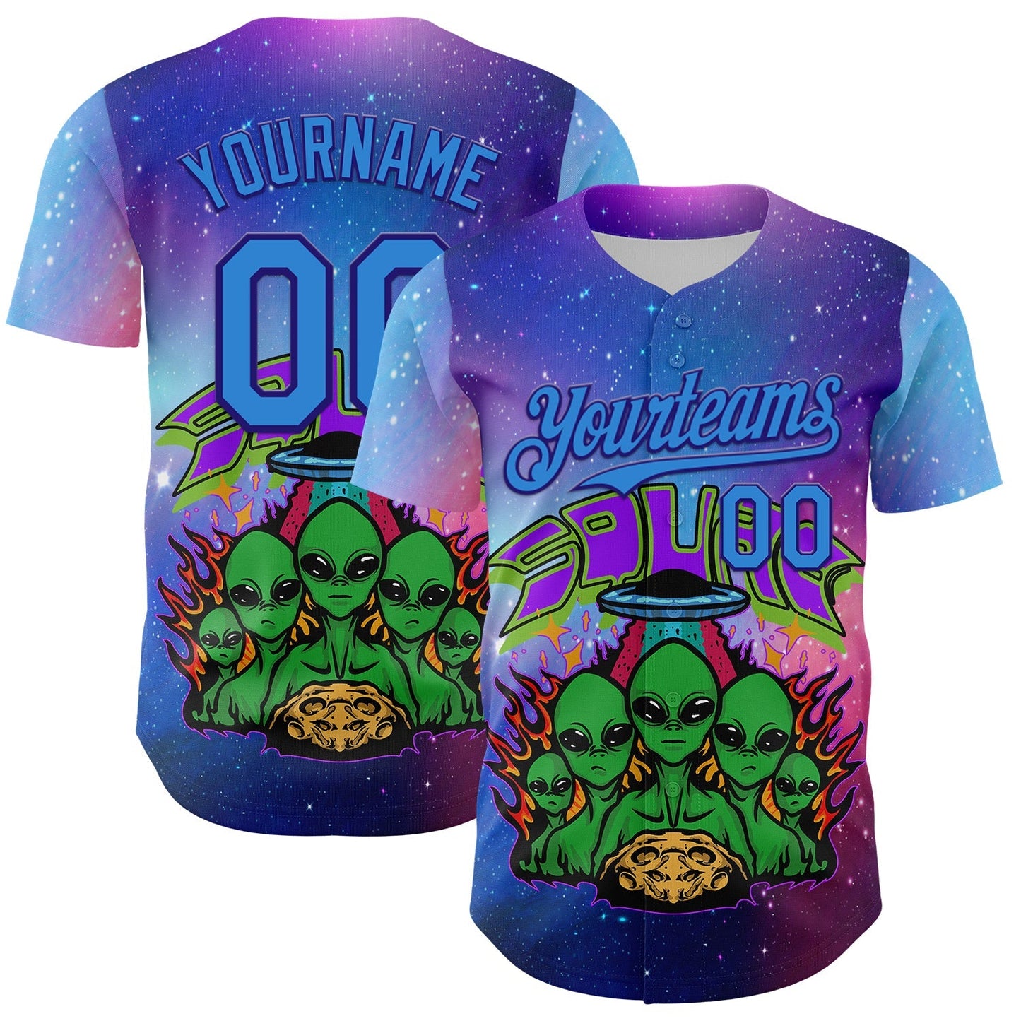 Custom Purple Electric Blue-Dark Purple Alien Family UFO Space Galaxy Flame Authentic Baseball Jersey baseball jersey product view 1