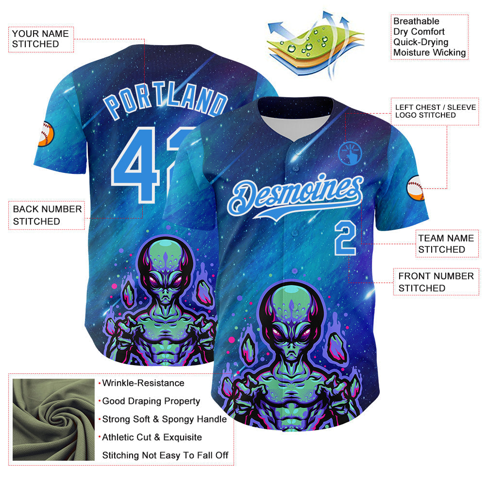 Custom Blue Electric Blue-White Alien UFO Space Galaxy Authentic Baseball Jersey baseball jersey product view 3