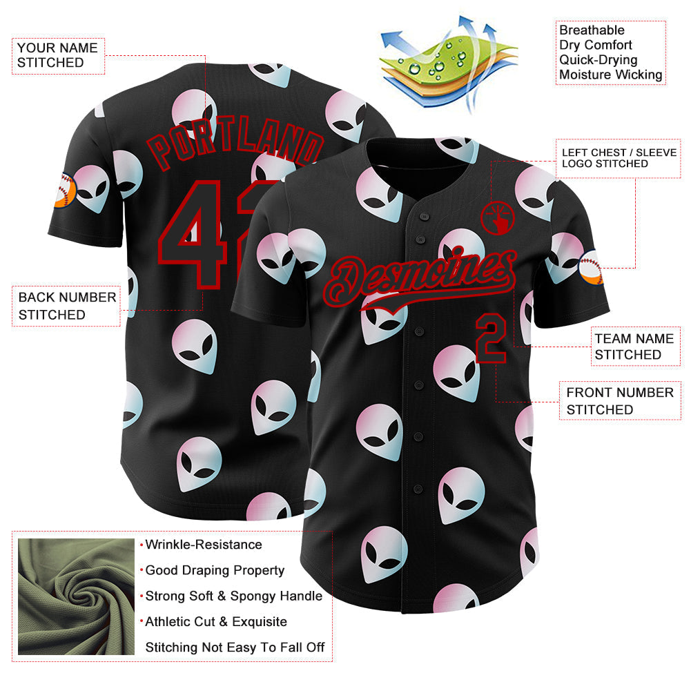 Custom Black Red Cartoon Alien Authentic Baseball Jersey baseball jersey product view 3