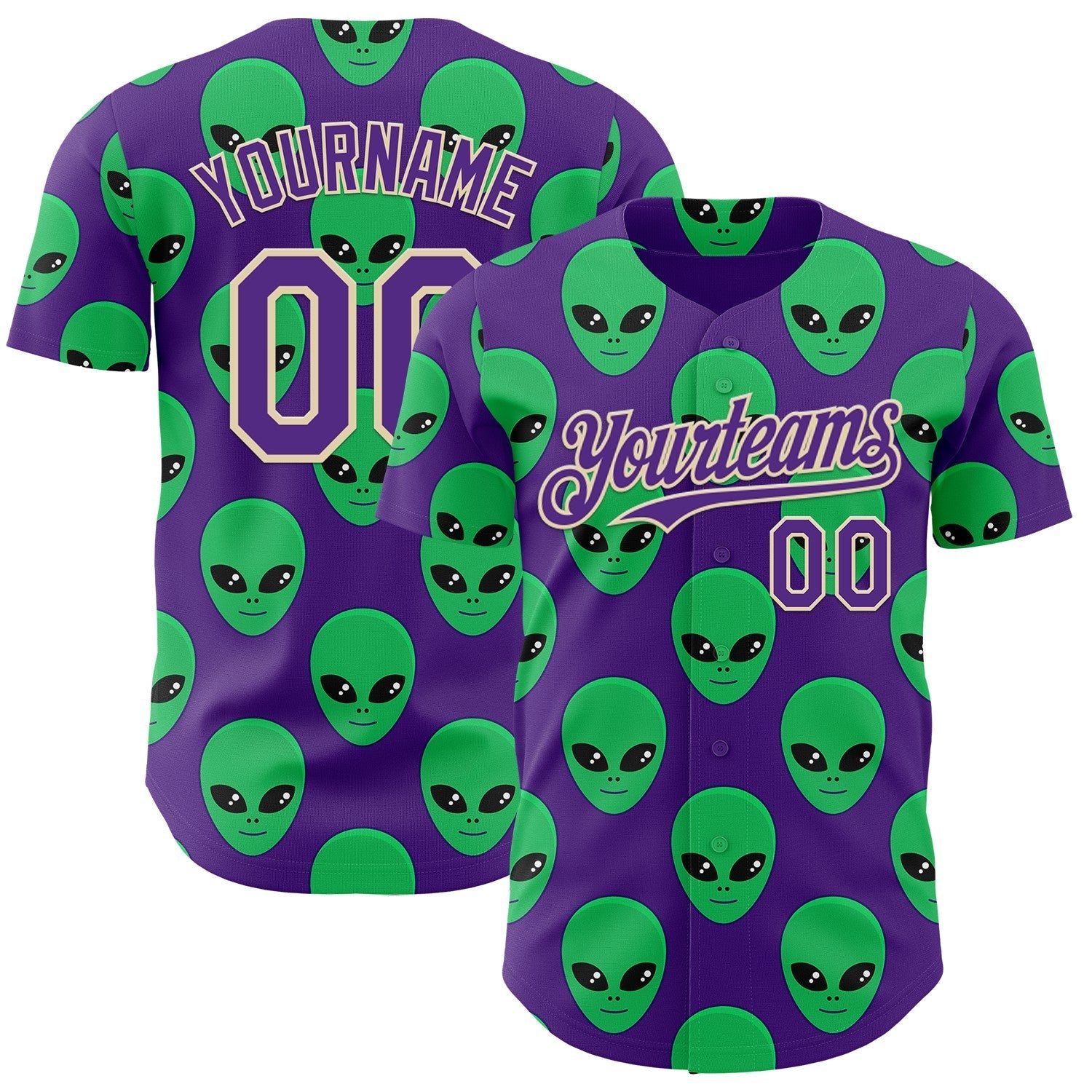Custom Purple Green-Cream Cartoon Alien Authentic Baseball Jersey baseball jersey product view 1