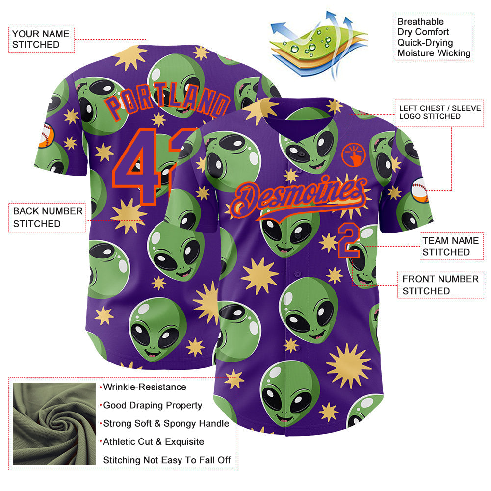 Custom Purple Green-Orange Cartoon Alien Authentic Baseball Jersey baseball jersey product view 3