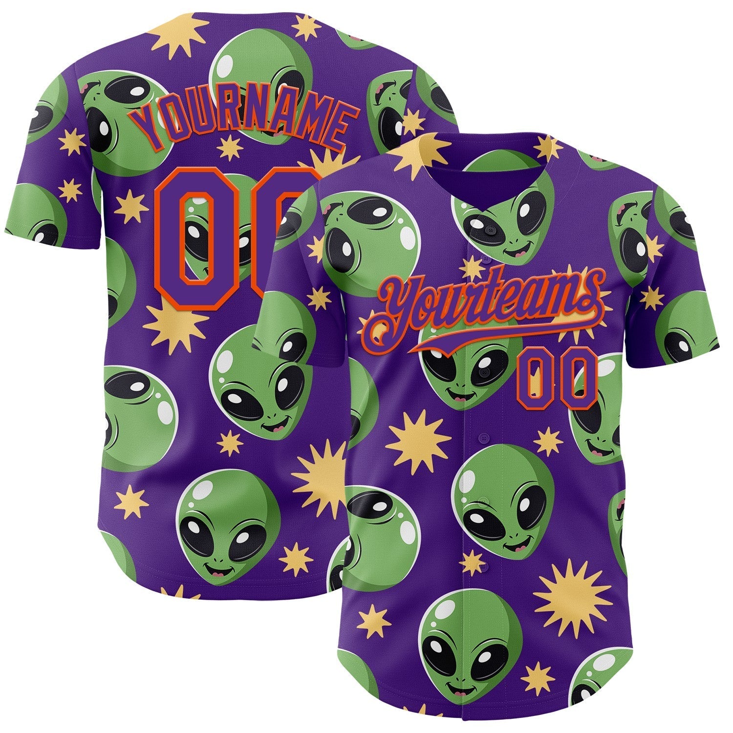 Custom Purple Green-Orange Cartoon Alien Authentic Baseball Jersey baseball jersey product view 1