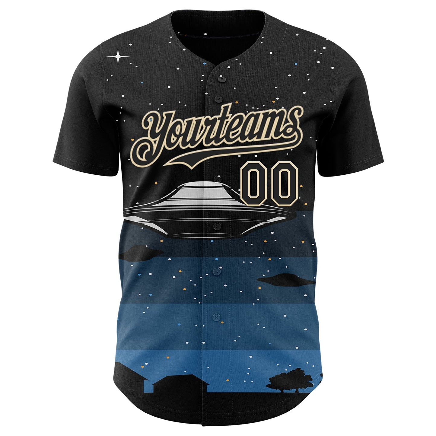 Custom Black Cream Alien UFO Galaxy Night Sky Town Authentic Baseball Jersey baseball jersey product view 2