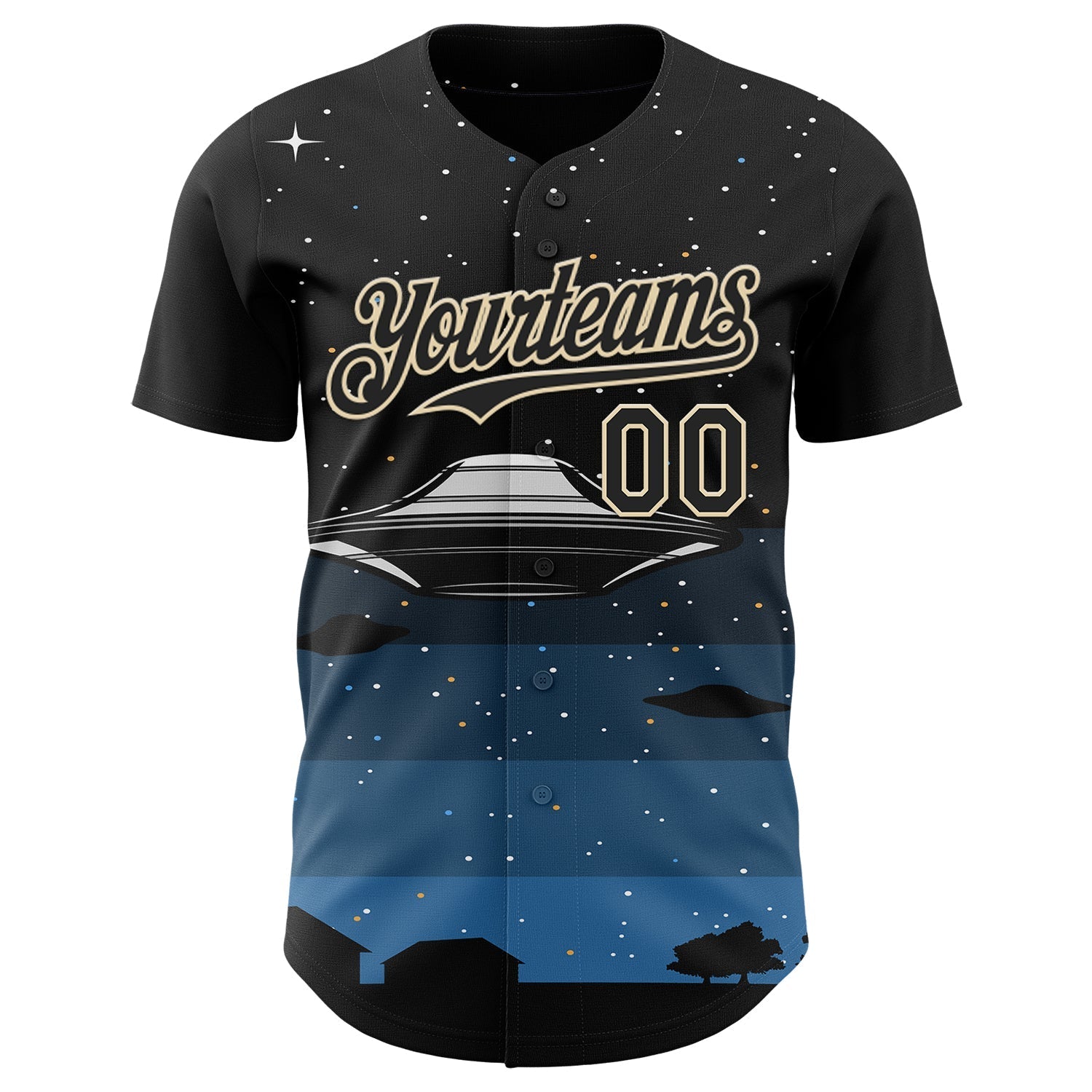 Custom Black Cream Alien UFO Galaxy Night Sky Town Authentic Baseball Jersey baseball jersey product view 2