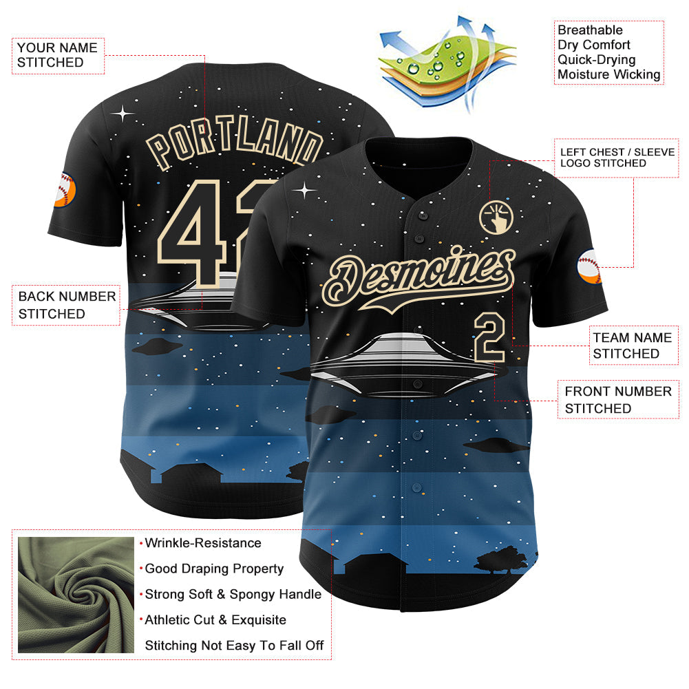 Custom Black Cream Alien UFO Galaxy Night Sky Town Authentic Baseball Jersey baseball jersey product view 3
