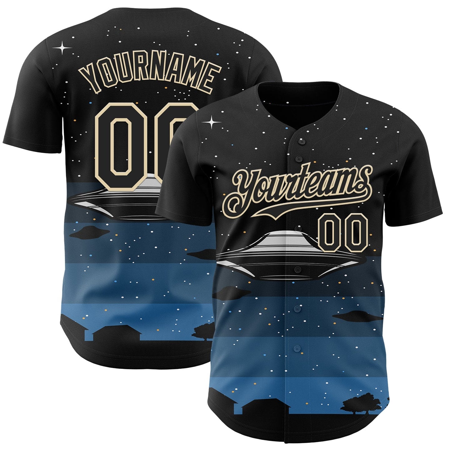Custom Black Cream Alien UFO Galaxy Night Sky Town Authentic Baseball Jersey baseball jersey product view 1