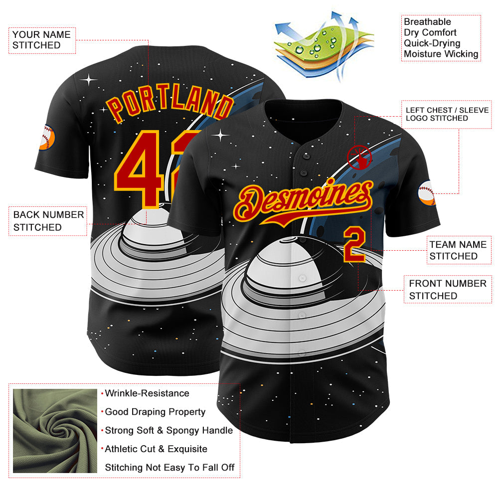Custom Black Red-Gold Alien UFO Saucer Authentic Baseball Jersey baseball jersey product view 3