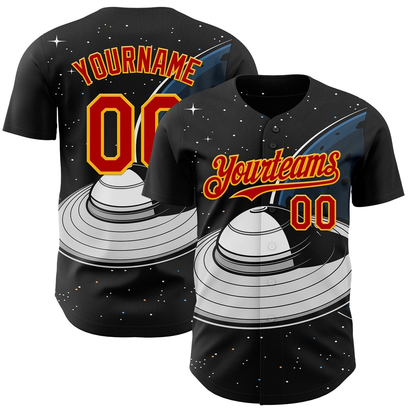 Custom Black Red-Gold Alien UFO Saucer Authentic Baseball Jersey baseball jersey product view 1