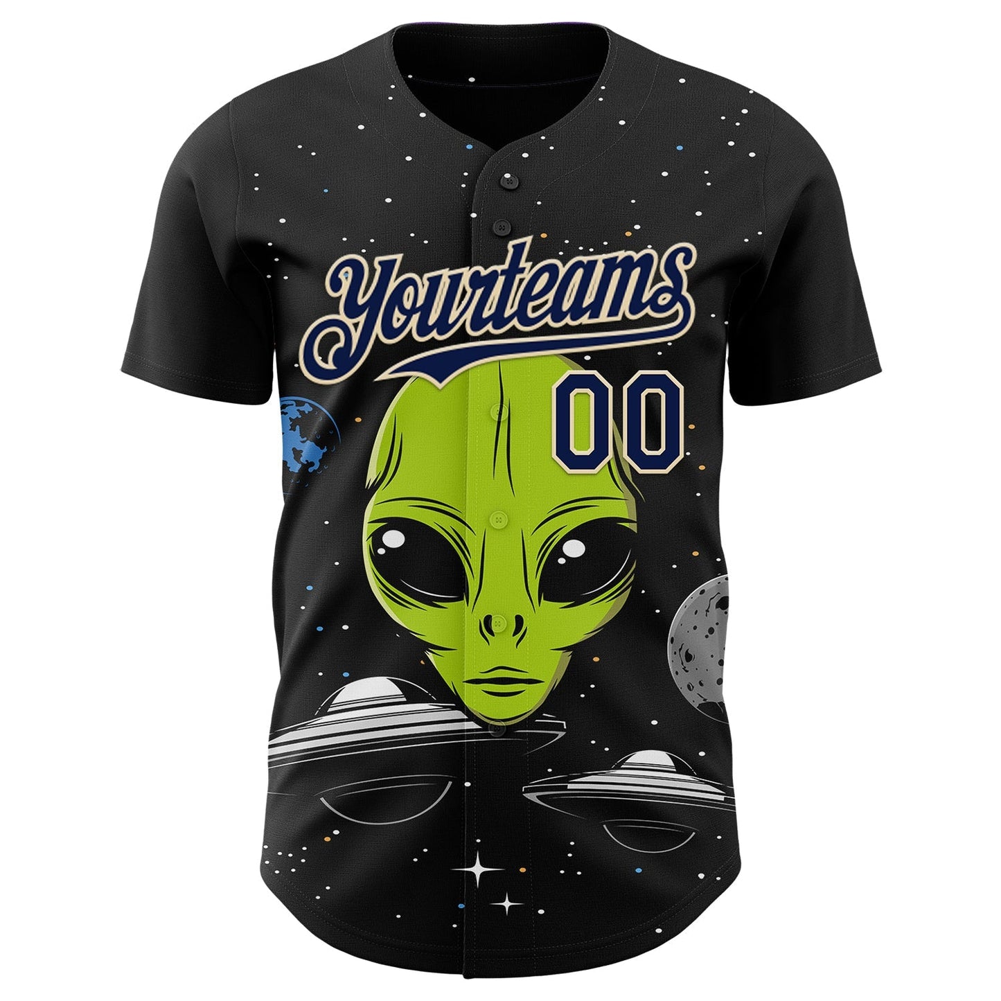 Custom Black Navy-Cream Alien UFO Galaxy Authentic Baseball Jersey baseball jersey product view 2