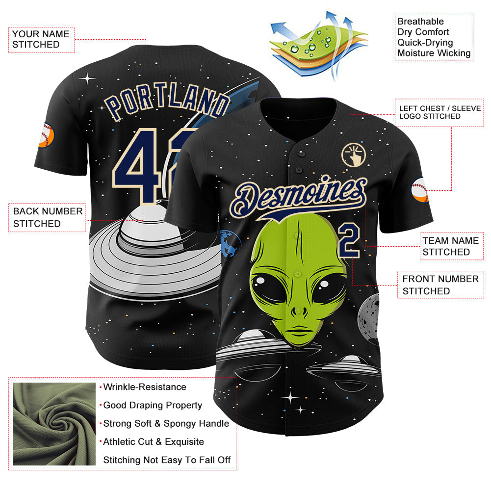 Custom Black Navy-Cream Alien UFO Galaxy Authentic Baseball Jersey baseball jersey product view 3