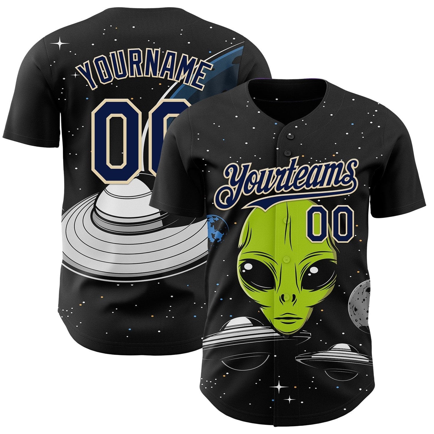Custom Black Navy-Cream Alien UFO Galaxy Authentic Baseball Jersey baseball jersey product view 1