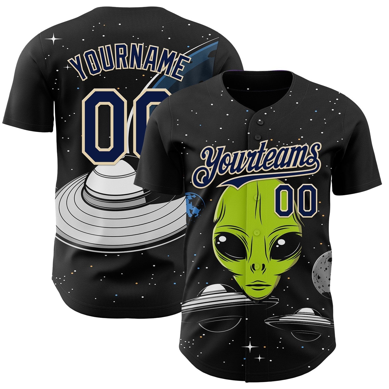 Custom Black Navy-Cream Alien UFO Galaxy Authentic Baseball Jersey baseball jersey product view 1