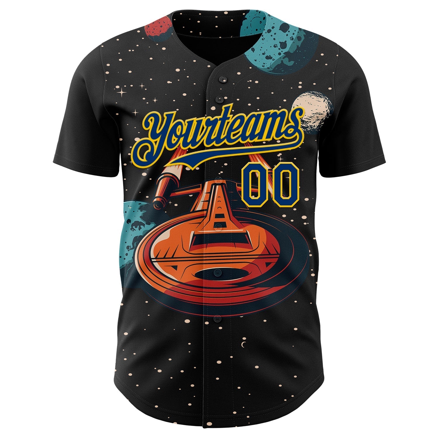 Custom Black US Navy Blue-Yellow Alien UFO Interstellar Starship Galaxy Authentic Baseball Jersey baseball jersey product view 2