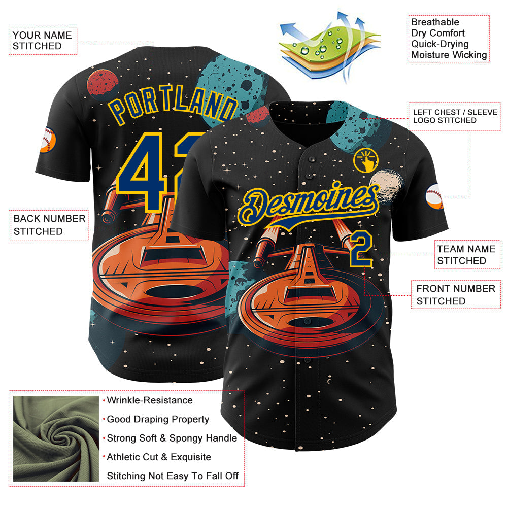 Custom Black US Navy Blue-Yellow Alien UFO Interstellar Starship Galaxy Authentic Baseball Jersey baseball jersey product view 3