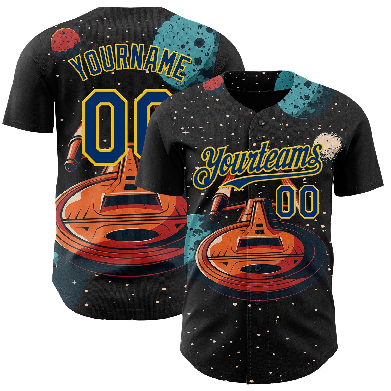 Custom Black US Navy Blue-Yellow Alien UFO Interstellar Starship Galaxy Authentic Baseball Jersey baseball jersey product view 1