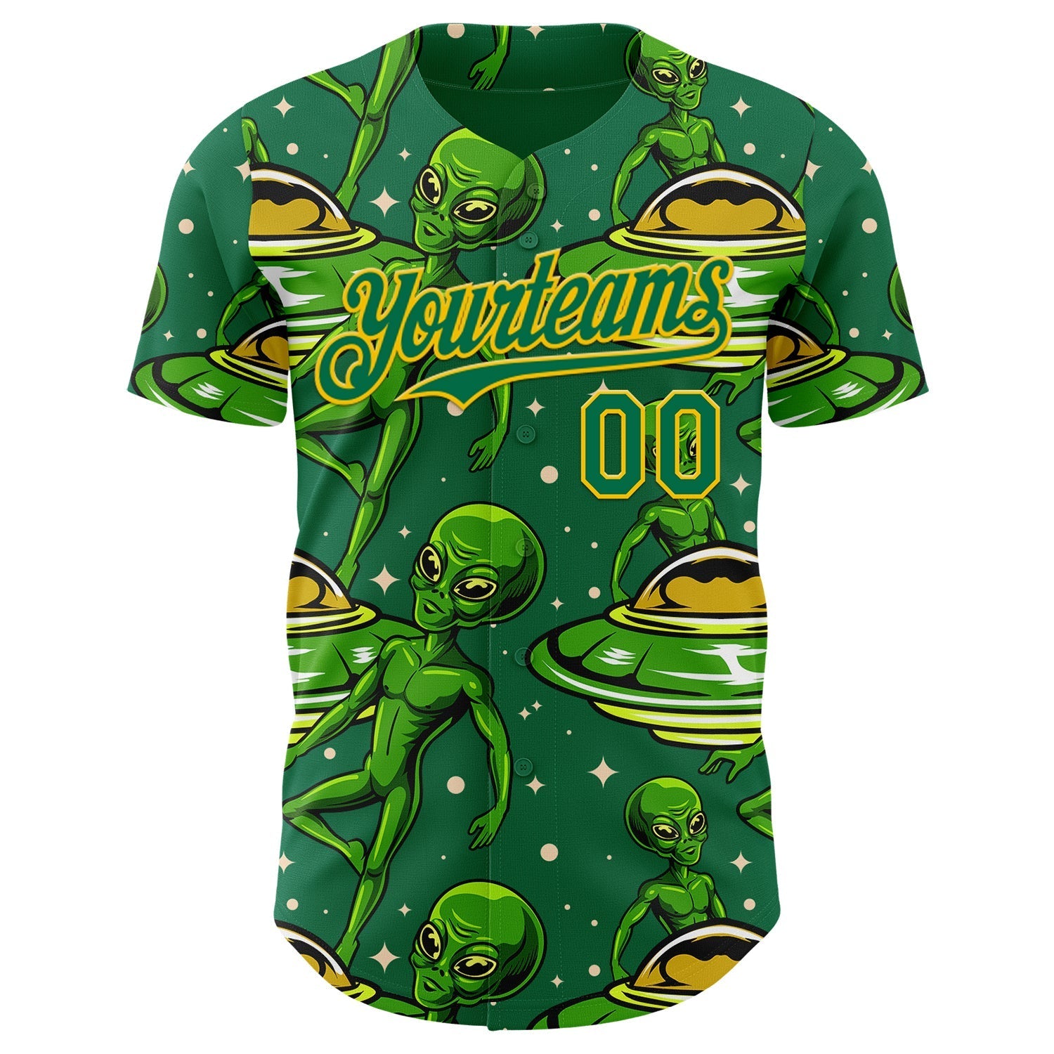 Custom Kelly Green Yellow Alien UFO Galaxy Authentic Baseball Jersey baseball jersey product view 2