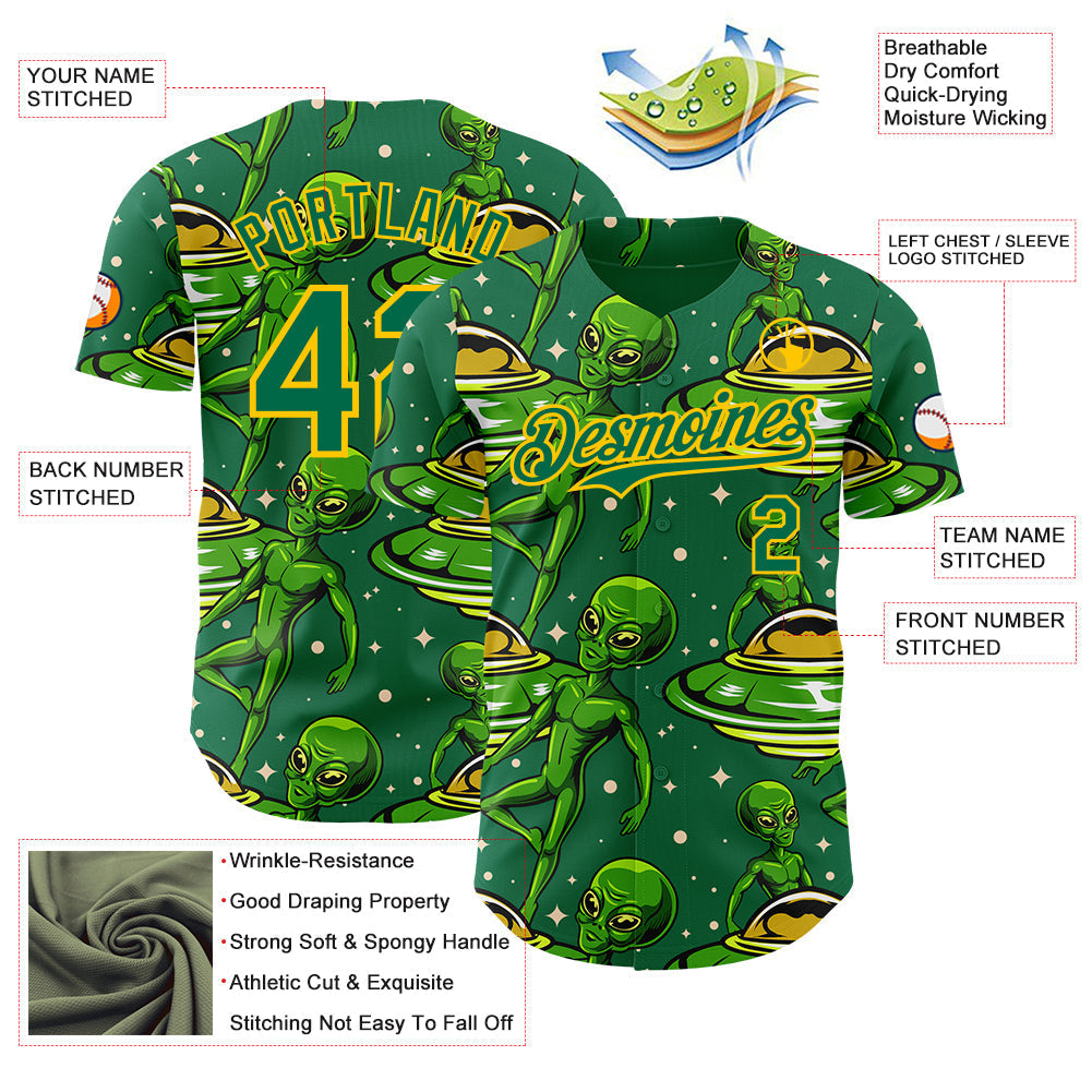 Custom Kelly Green Yellow Alien UFO Galaxy Authentic Baseball Jersey baseball jersey product view 3