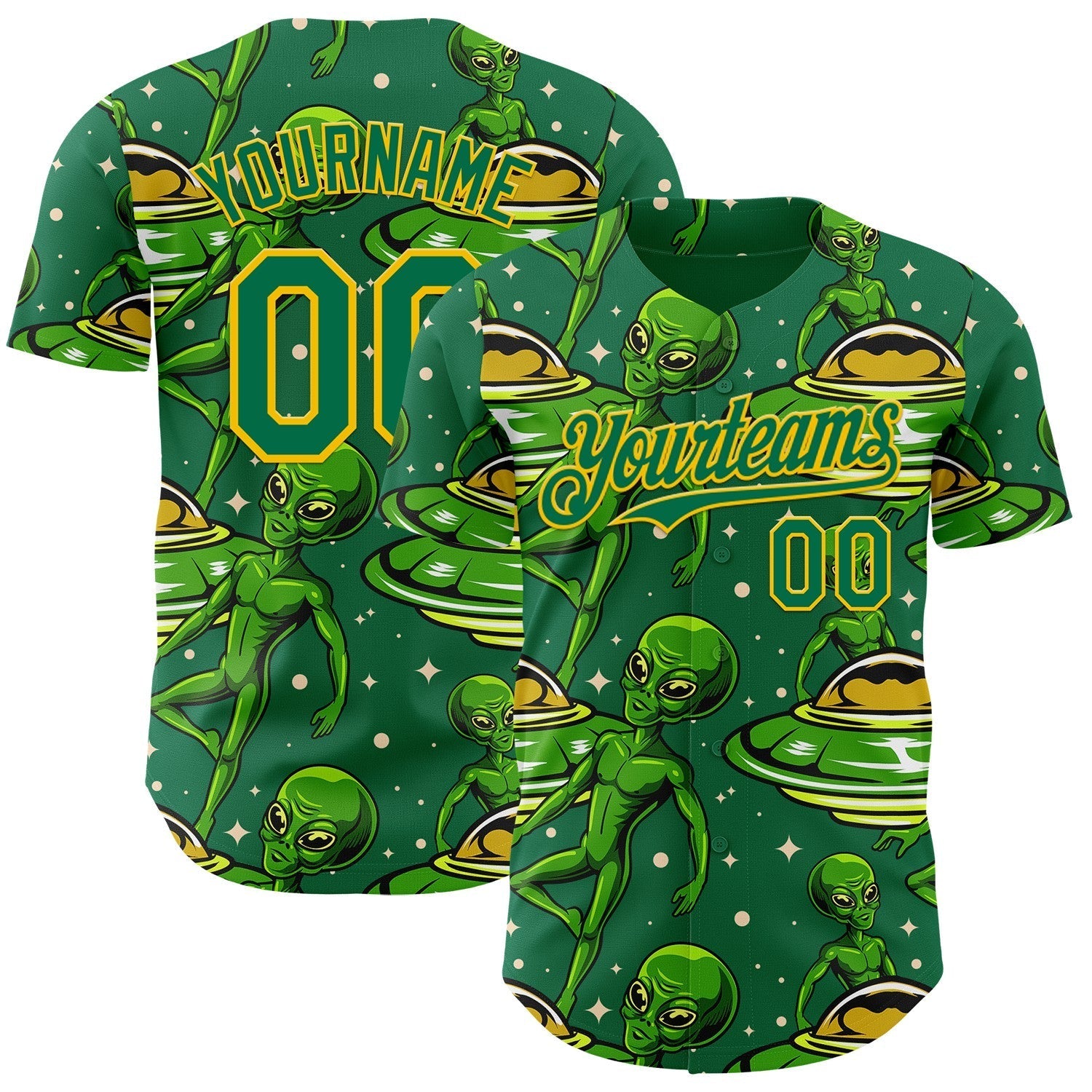 Custom Kelly Green Yellow Alien UFO Galaxy Authentic Baseball Jersey baseball jersey product view 1