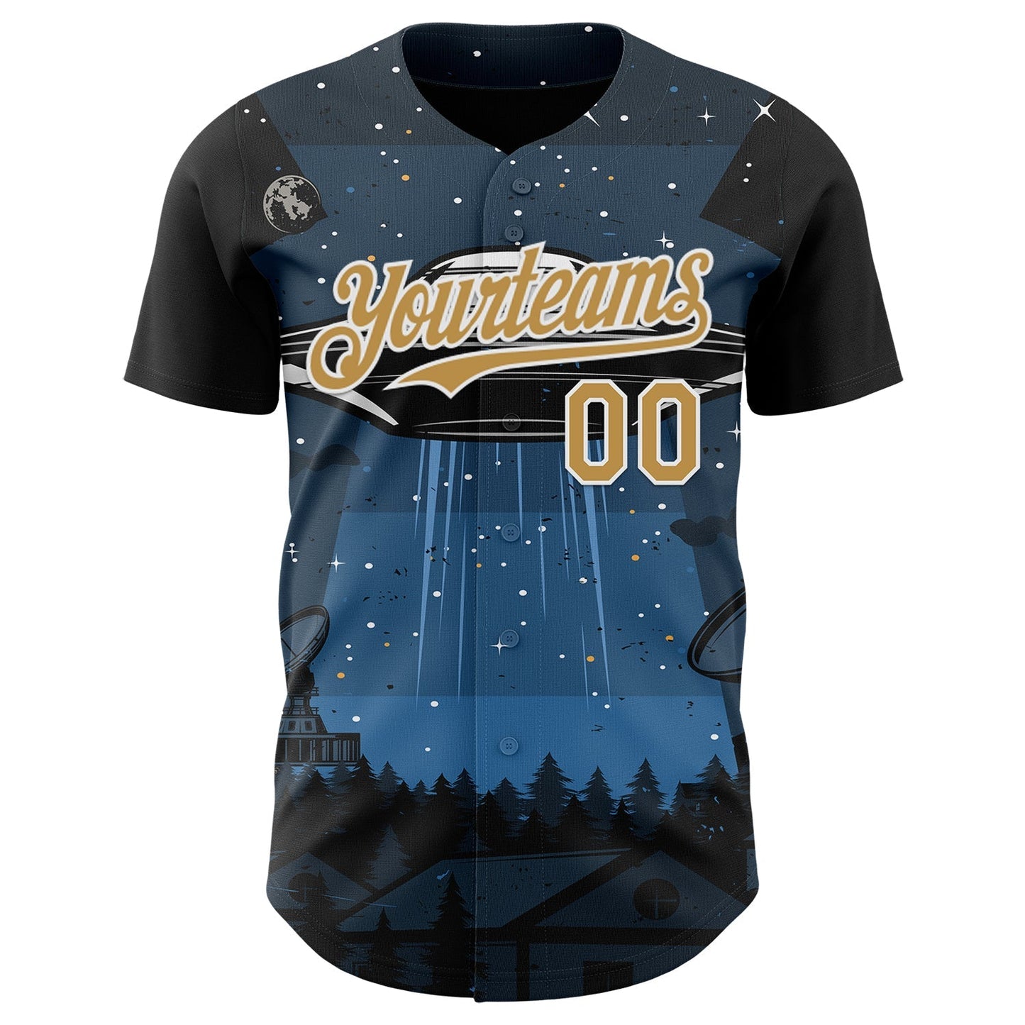 Custom Blue Old Gold Black-White Alien UFO Galaxy Authentic Baseball Jersey baseball jersey product view 2
