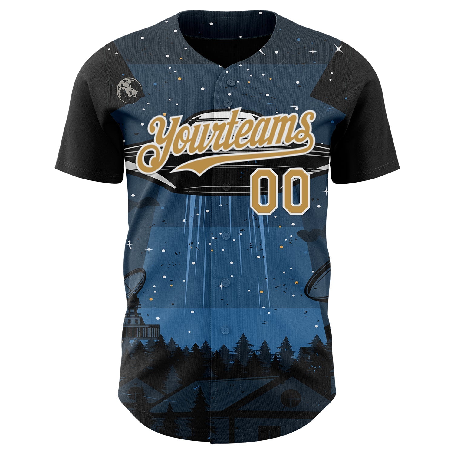 Custom Blue Old Gold Black-White Alien UFO Galaxy Authentic Baseball Jersey baseball jersey product view 2