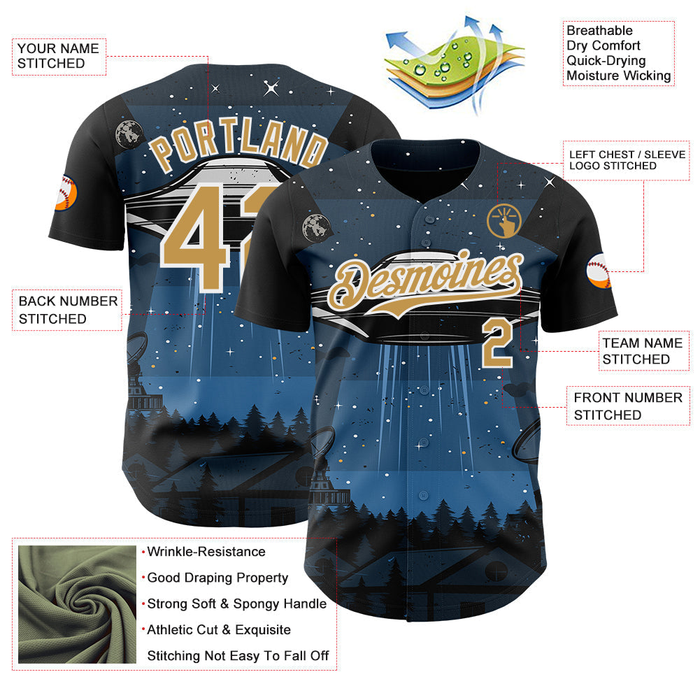 Custom Blue Old Gold Black-White Alien UFO Galaxy Authentic Baseball Jersey baseball jersey product view 3