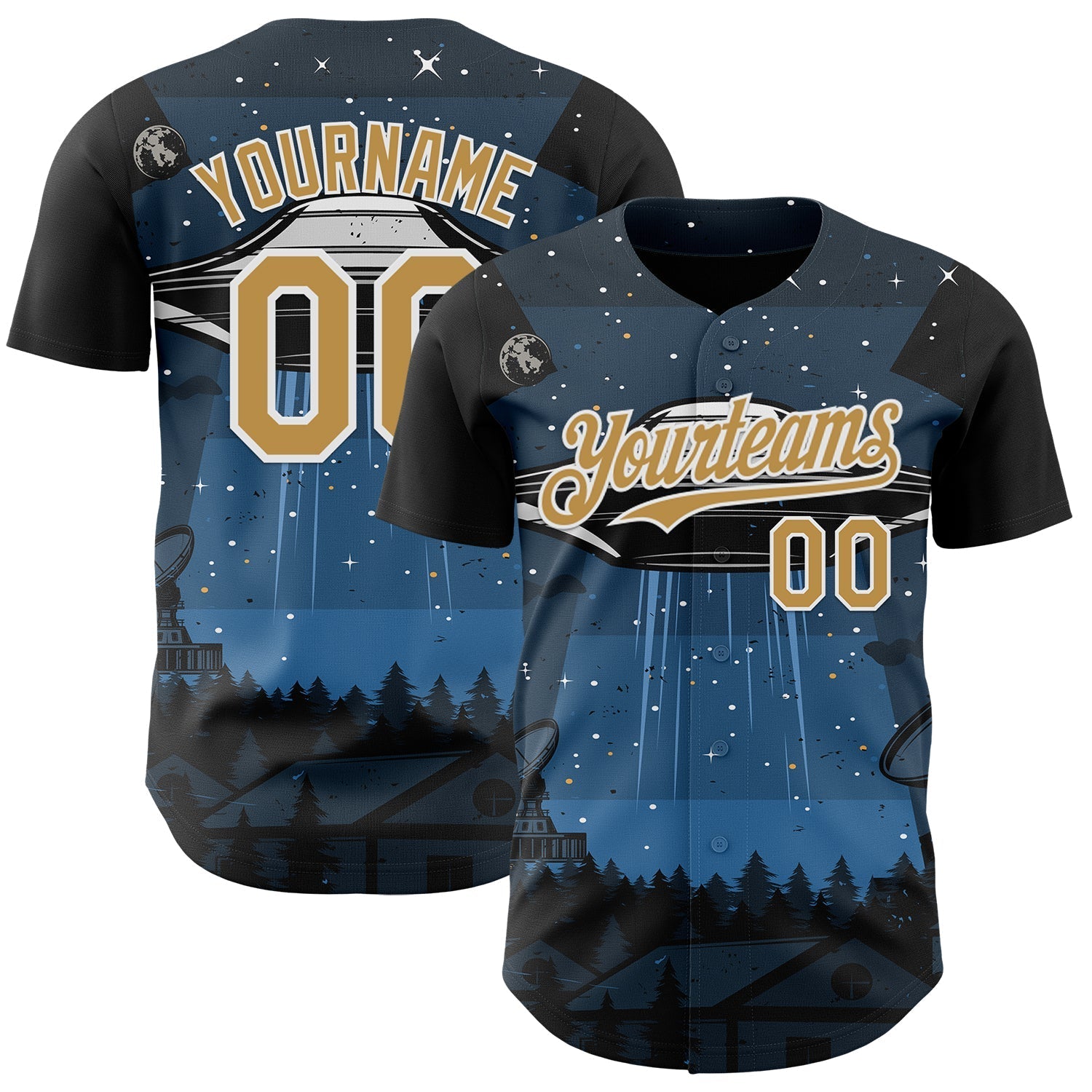 Custom Blue Old Gold Black-White Alien UFO Galaxy Authentic Baseball Jersey baseball jersey product view 1