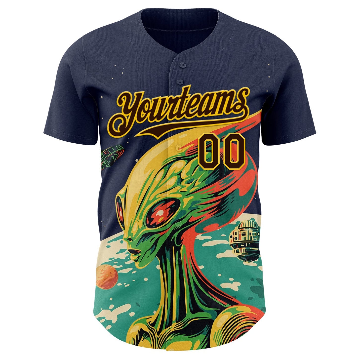 Custom Navy Brown-Gold Alien UFO Psychedelic Galaxy Authentic Baseball Jersey baseball jersey product view 2
