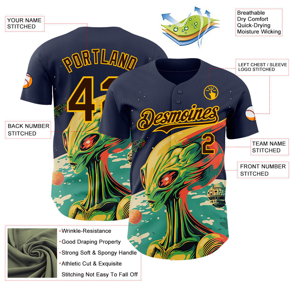 Custom Navy Brown-Gold Alien UFO Psychedelic Galaxy Authentic Baseball Jersey baseball jersey product view 3