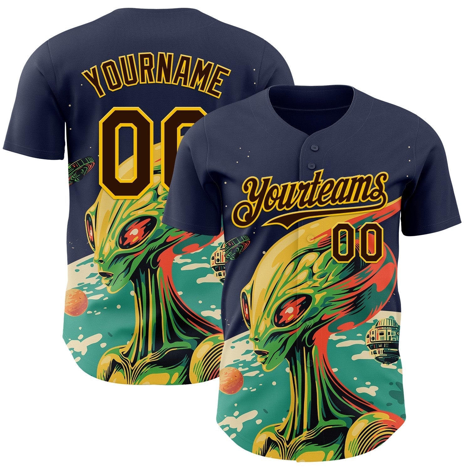 Custom Navy Brown-Gold Alien UFO Psychedelic Galaxy Authentic Baseball Jersey baseball jersey product view 1