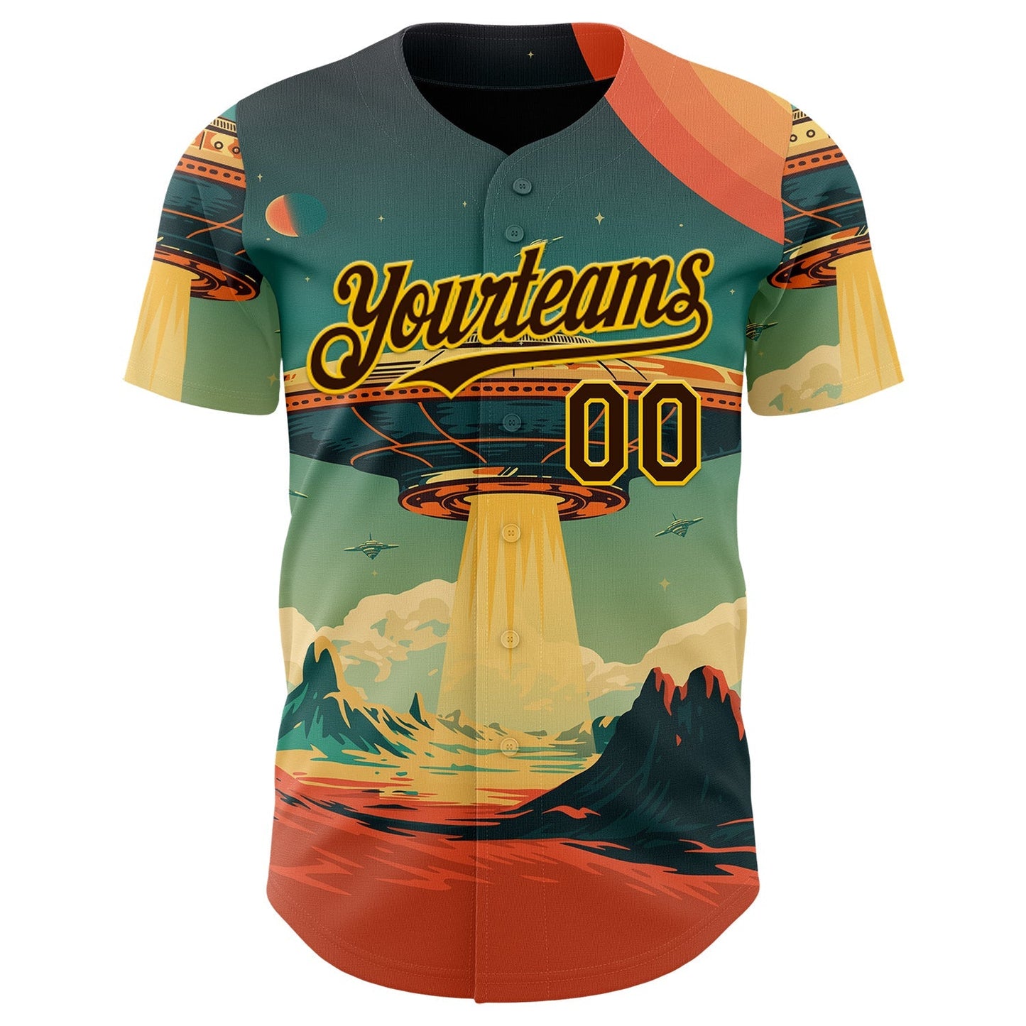 Custom Blue Brown Orange-Gold Alien UFO Galaxy Authentic Baseball Jersey baseball jersey product view 2