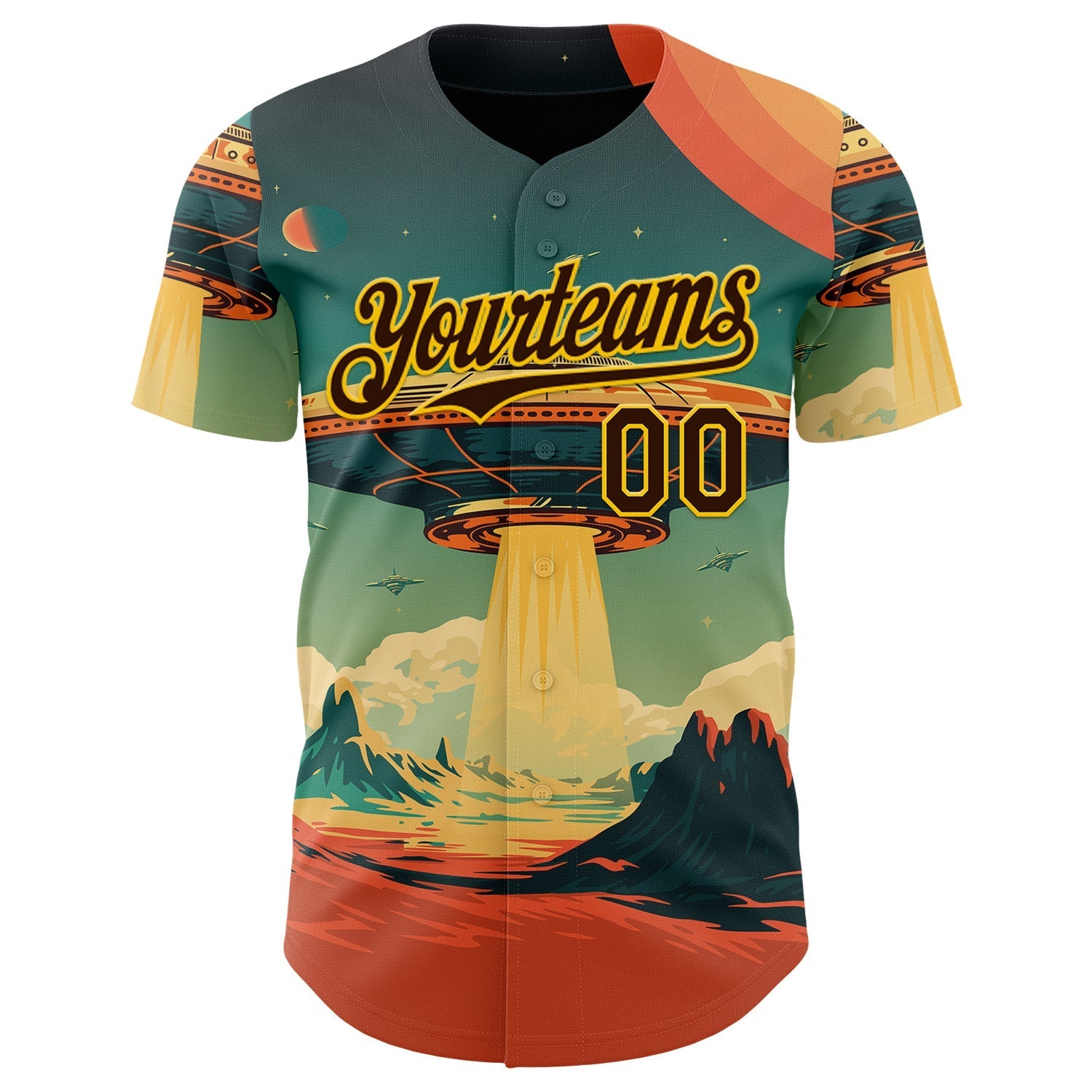 Custom Blue Brown Orange-Gold Alien UFO Galaxy Authentic Baseball Jersey baseball jersey product view 2