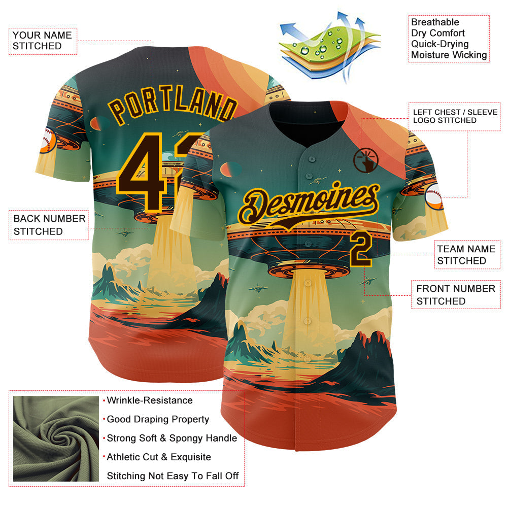 Custom Blue Brown Orange-Gold Alien UFO Galaxy Authentic Baseball Jersey baseball jersey product view 3