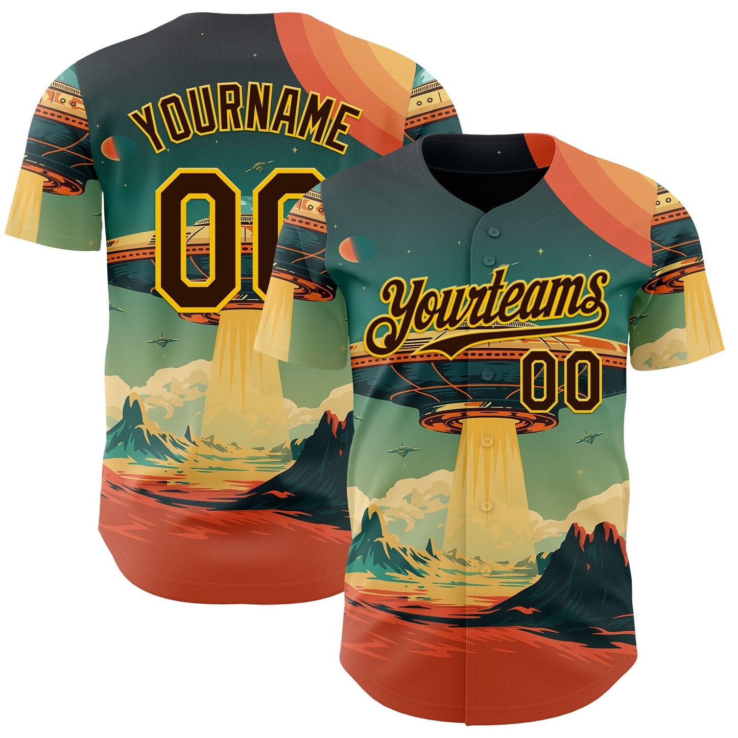 Custom Blue Brown Orange-Gold Alien UFO Galaxy Authentic Baseball Jersey baseball jersey product view 1