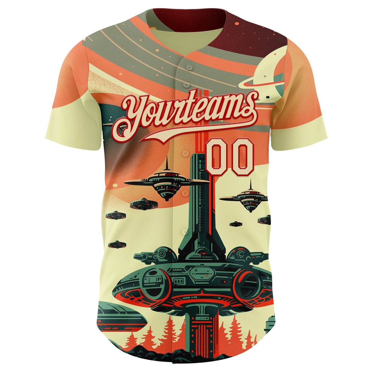 Custom Orange Cream-Red Alien Spaceship Fleet UFO Galaxy Authentic Baseball Jersey baseball jersey product view 2