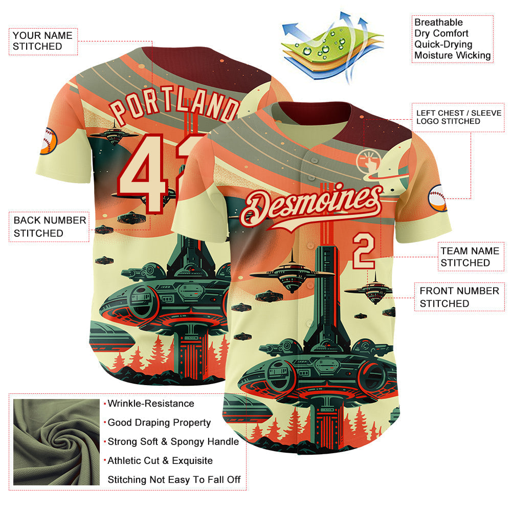 Custom Orange Cream-Red Alien Spaceship Fleet UFO Galaxy Authentic Baseball Jersey baseball jersey product view 3