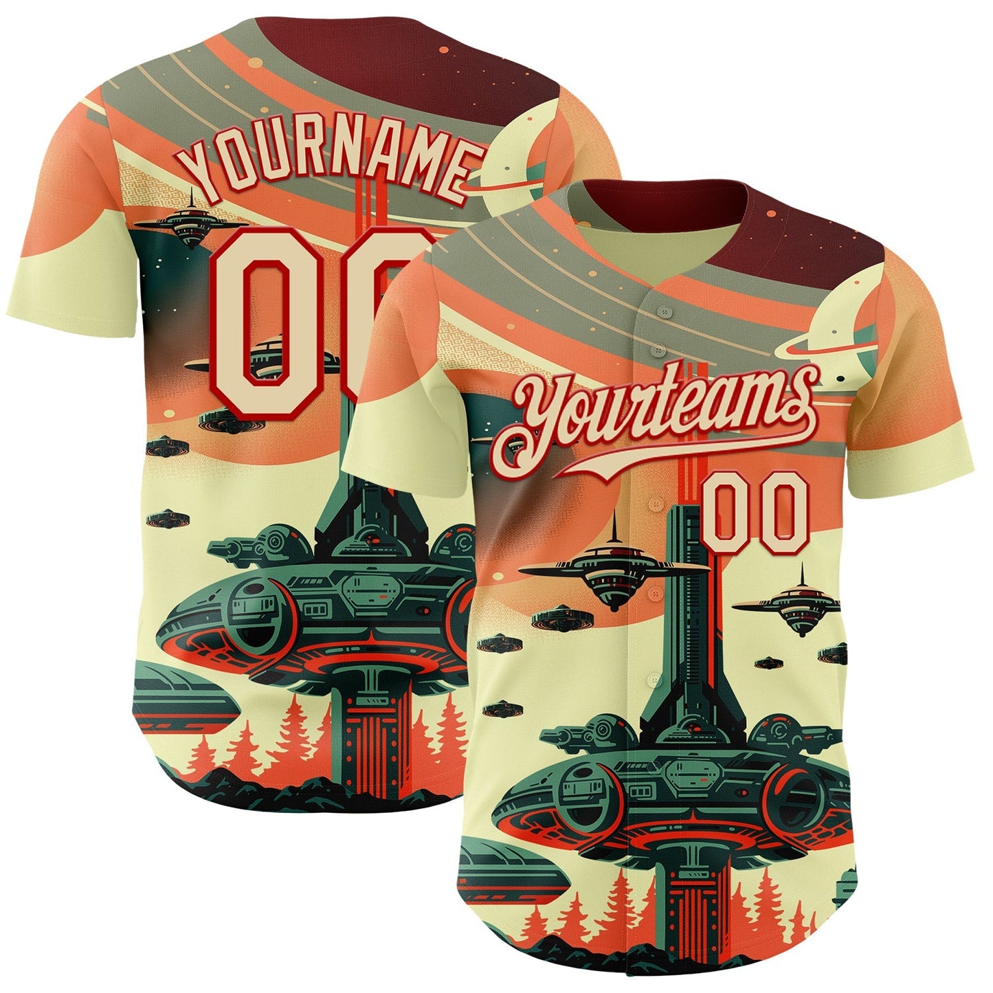 Custom Orange Cream-Red Alien Spaceship Fleet UFO Galaxy Authentic Baseball Jersey baseball jersey product view 1
