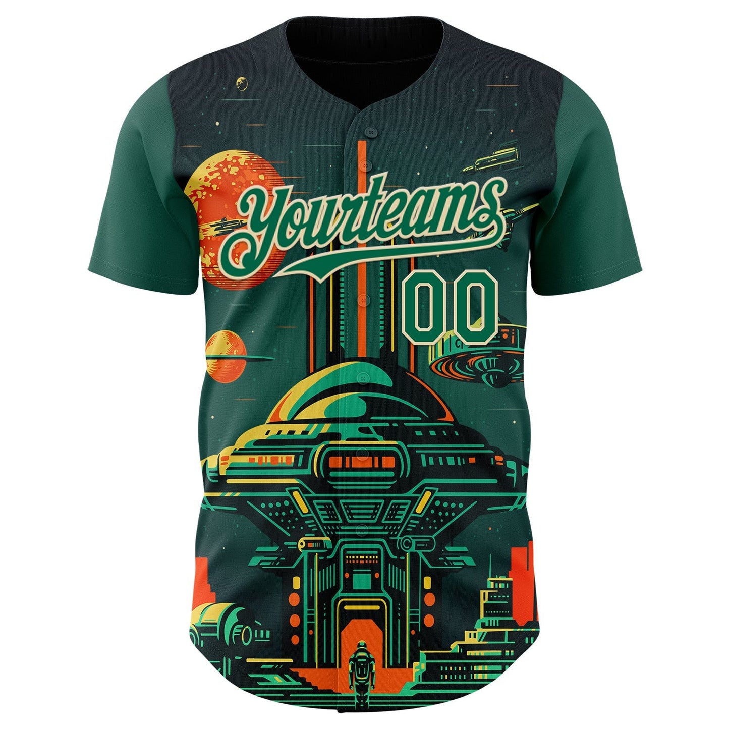 Custom Black Kelly Green-Cream Alien Spaceship Fleet UFO Galaxy Authentic Baseball Jersey baseball jersey product view 2