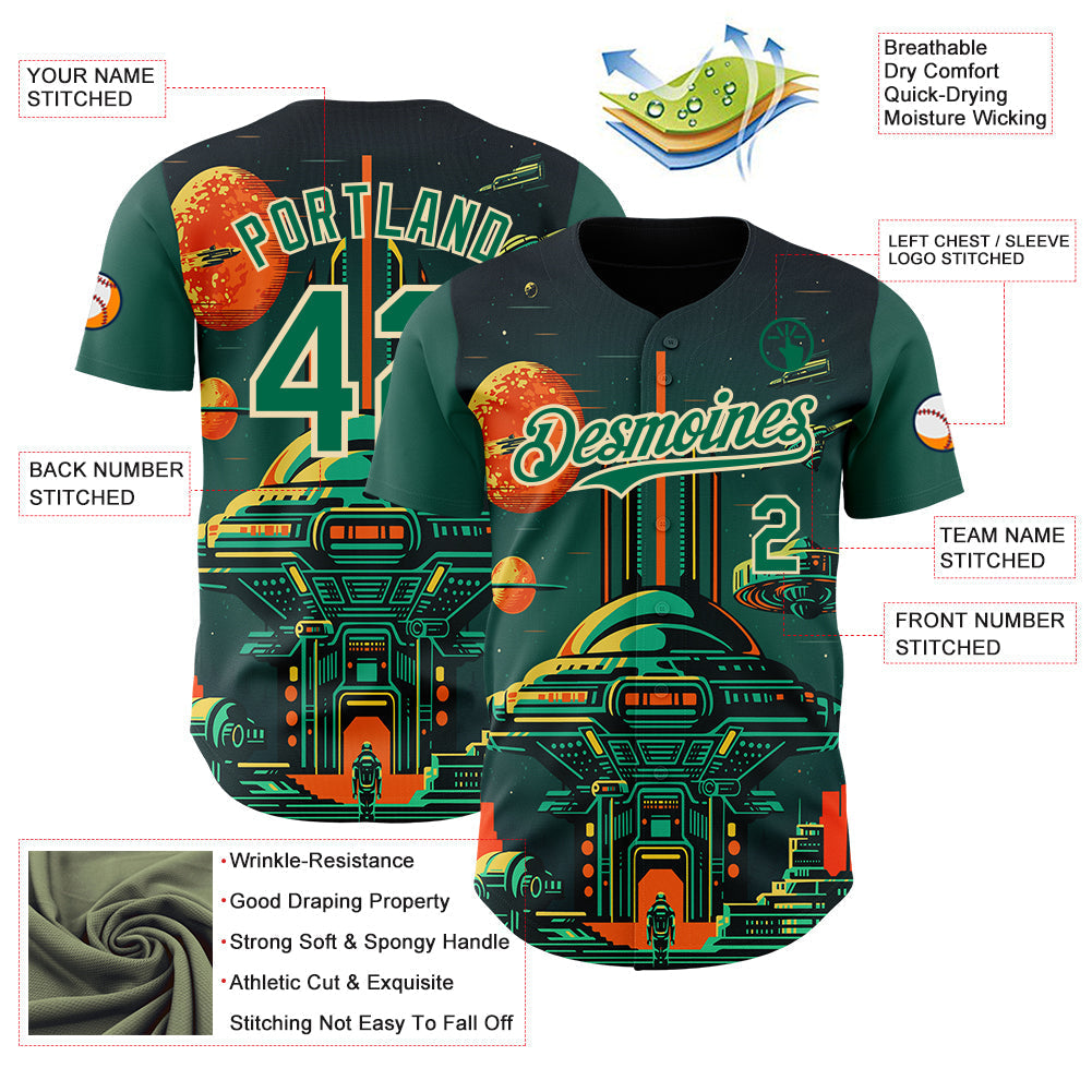 Custom Black Kelly Green-Cream Alien Spaceship Fleet UFO Galaxy Authentic Baseball Jersey baseball jersey product view 3