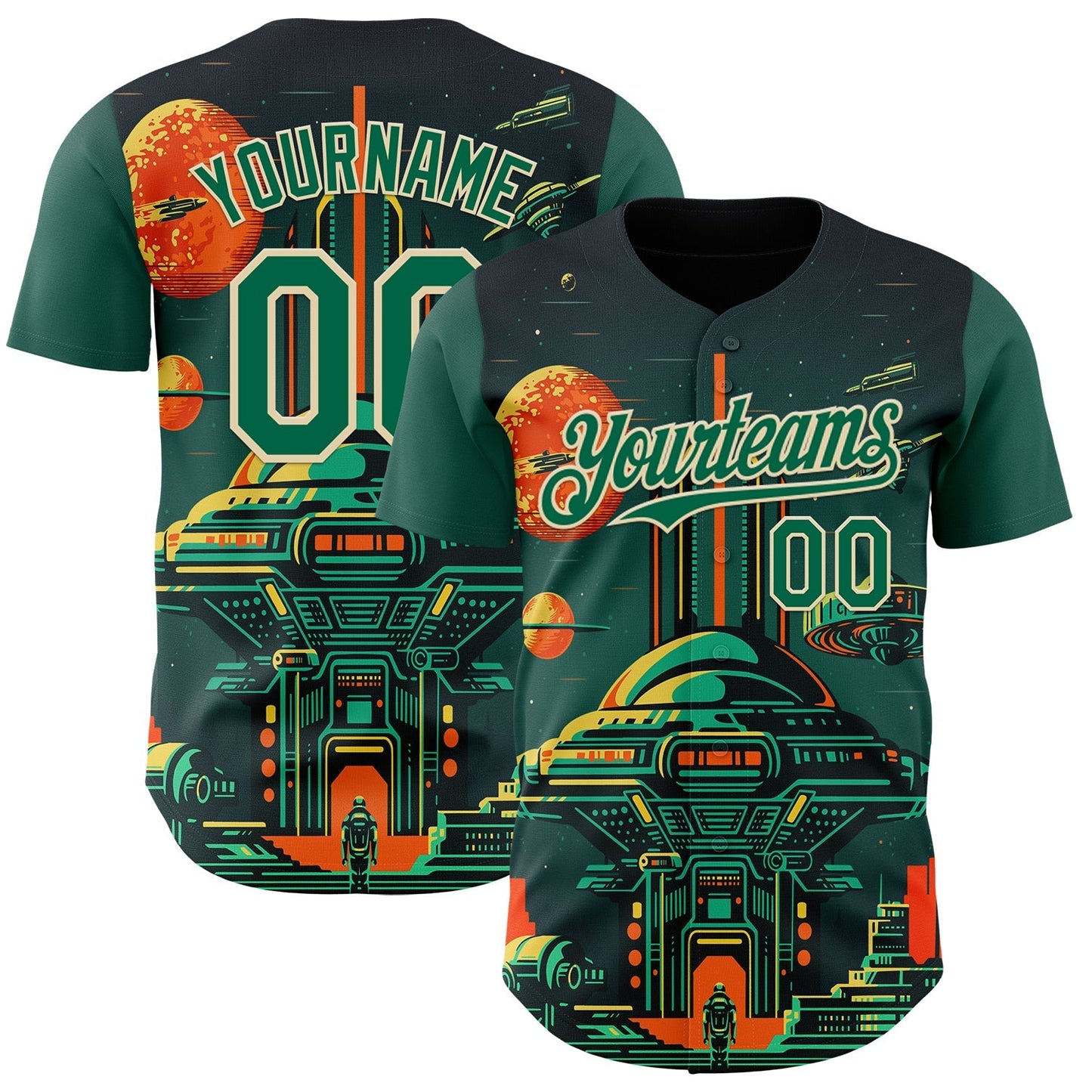 Custom Black Kelly Green-Cream Alien Spaceship Fleet UFO Galaxy Authentic Baseball Jersey baseball jersey product view 1