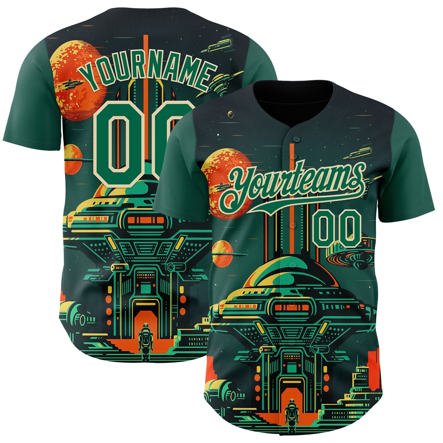 Custom Black Kelly Green-Cream Alien Spaceship Fleet UFO Galaxy Authentic Baseball Jersey baseball jersey product view 1