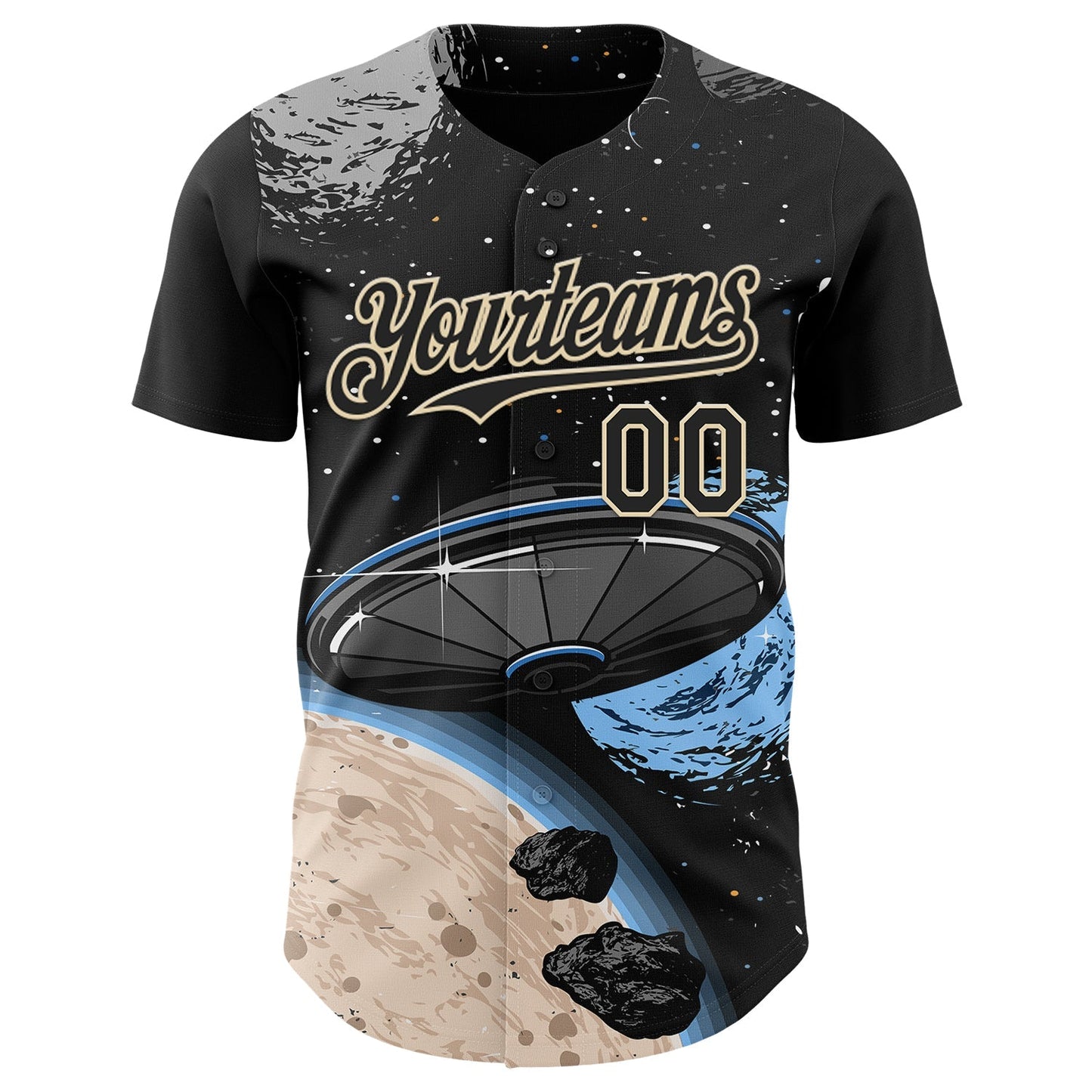 Custom Black Cream Alien Space Meteor UFO Galaxy Authentic Baseball Jersey baseball jersey product view 2
