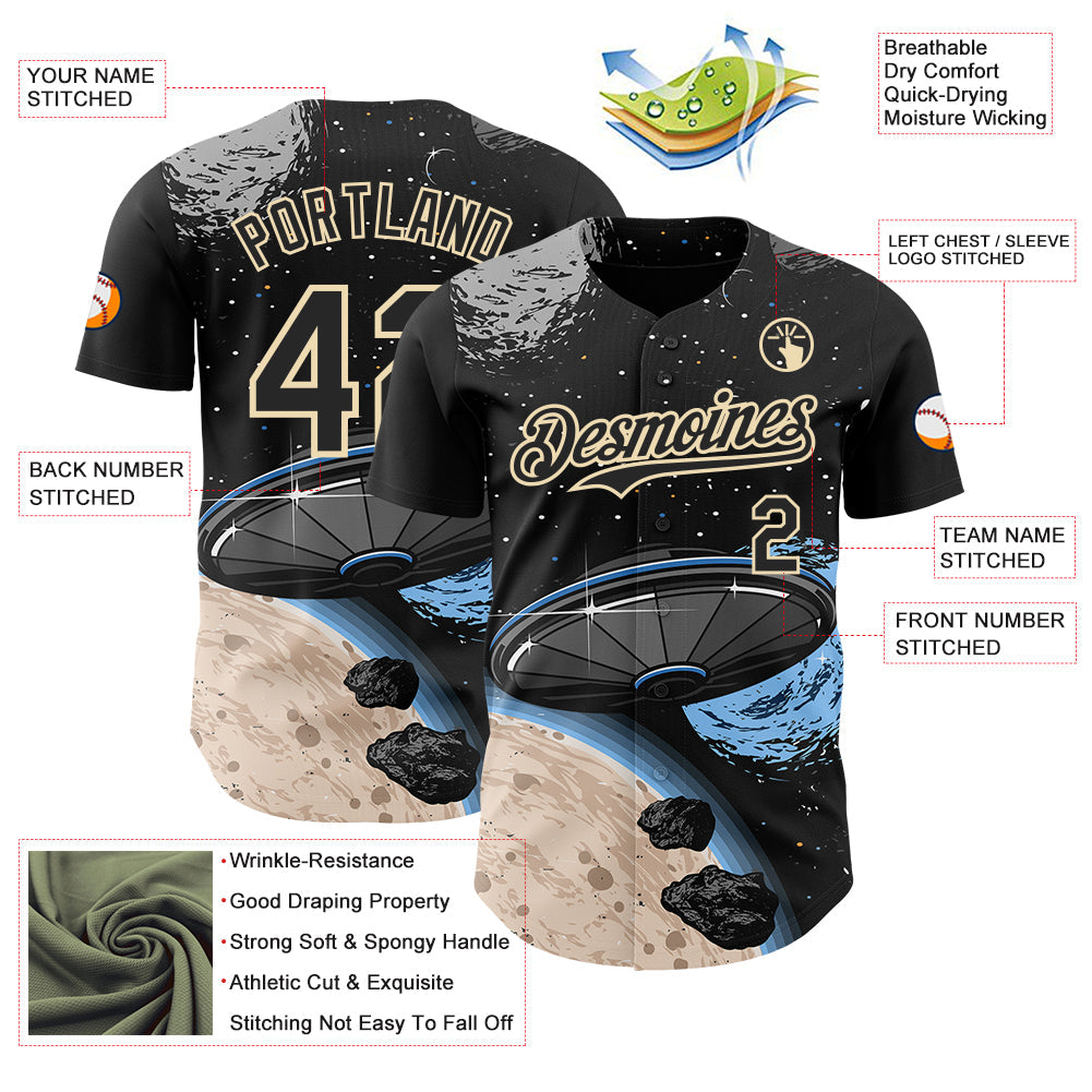 Custom Black Cream Alien Space Meteor UFO Galaxy Authentic Baseball Jersey baseball jersey product view 3