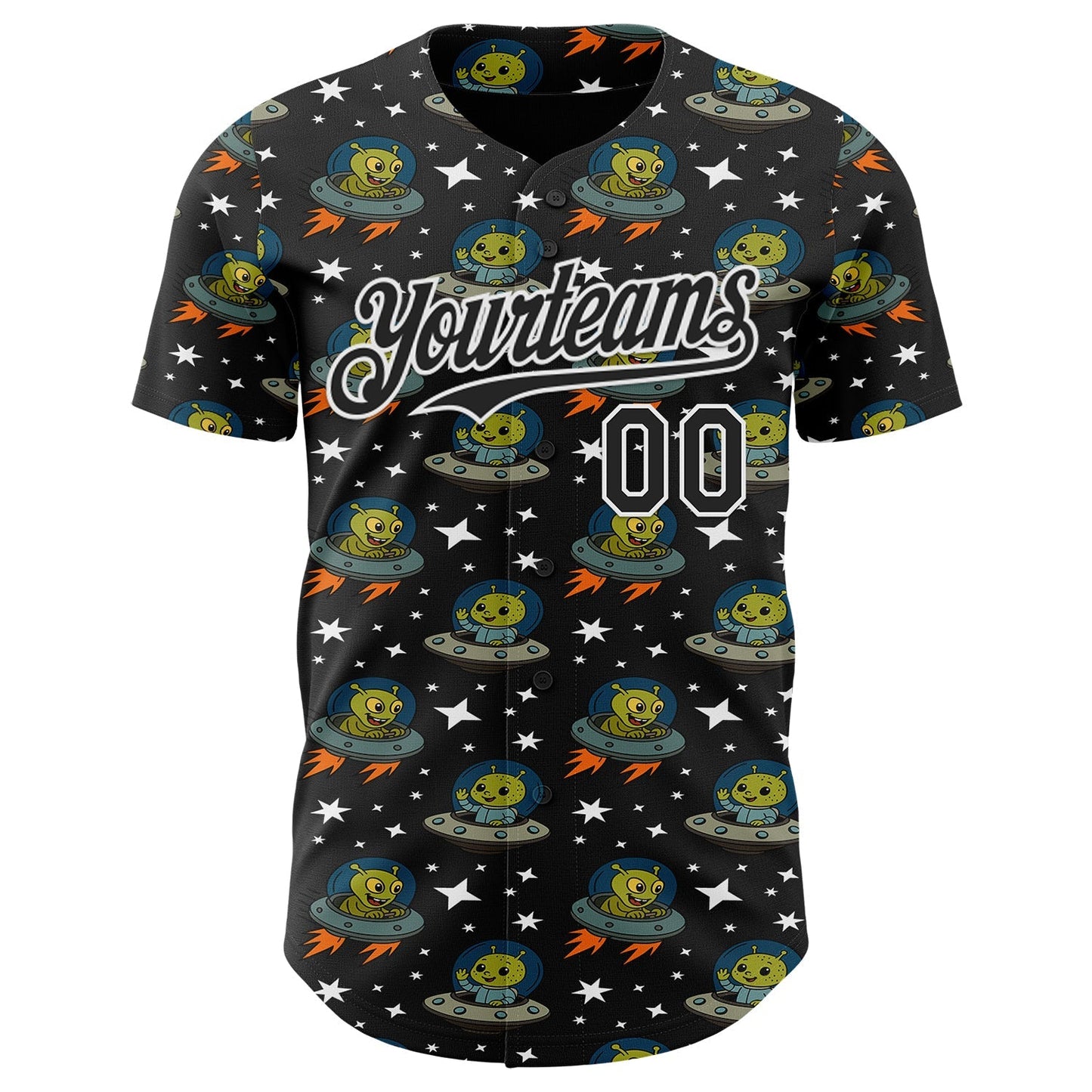 Custom Black White Cartoon Alien UFO Space Galaxy Authentic Baseball Jersey baseball jersey product view 2